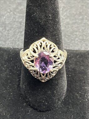 Vintage Kabana Sterling Silver Ring Purple Amethyst Size 10 Scrollwork Filigree